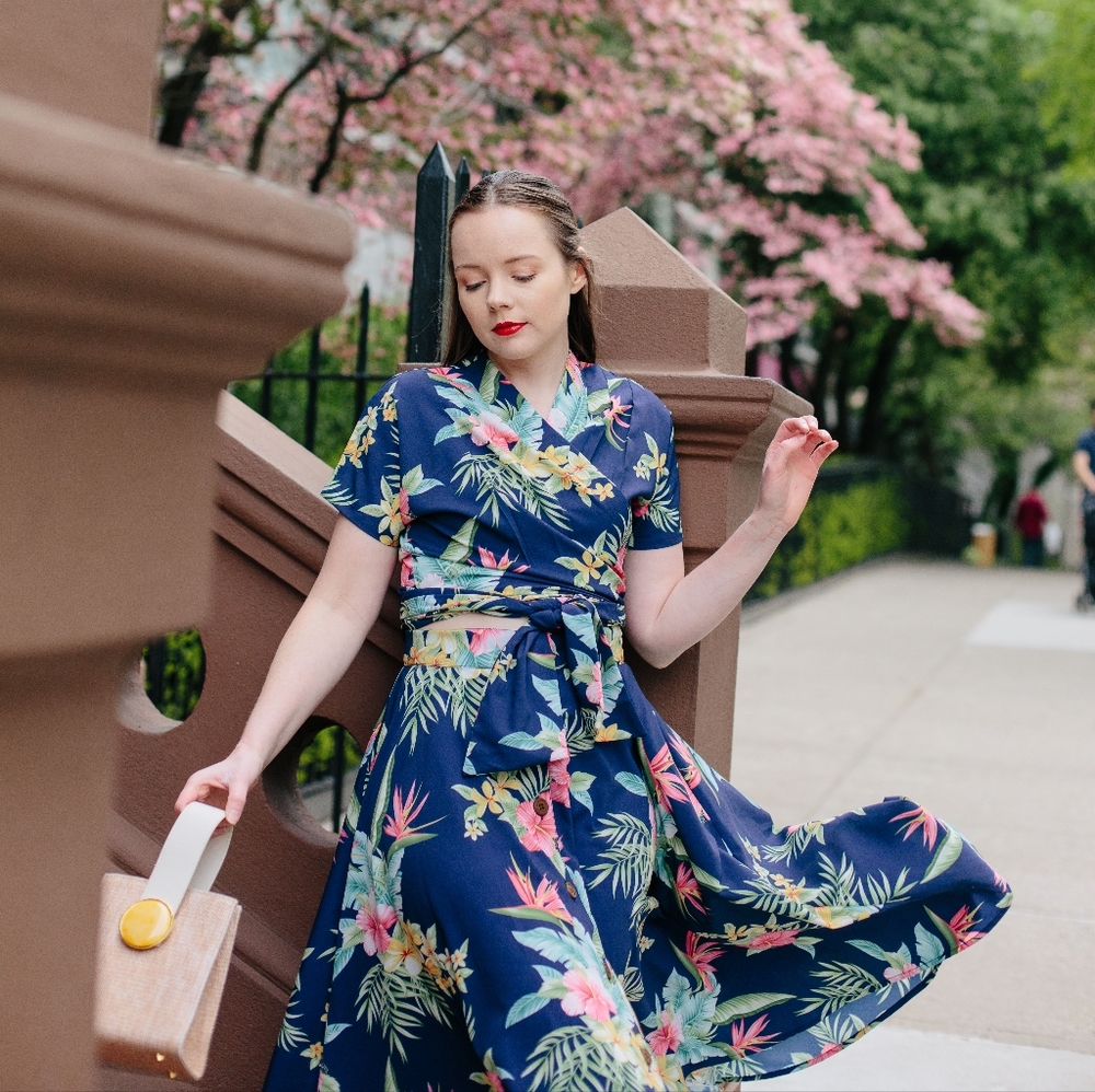 Blue tropical wrap top skirt set